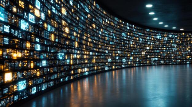 A large wall of digital screens with many different colors photo