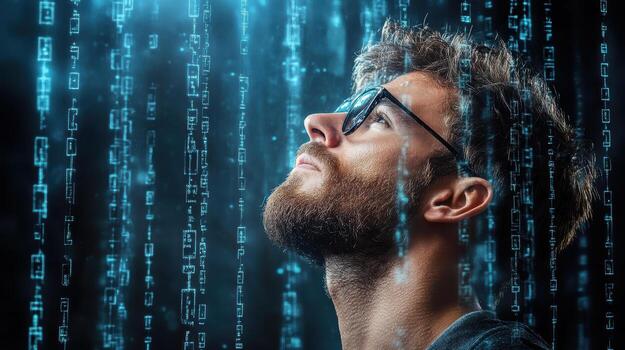 A man with glasses looking up at binary code photo