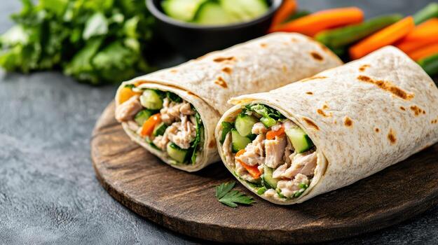 dos envuelve con pollo y vegetales en un de madera tablero foto