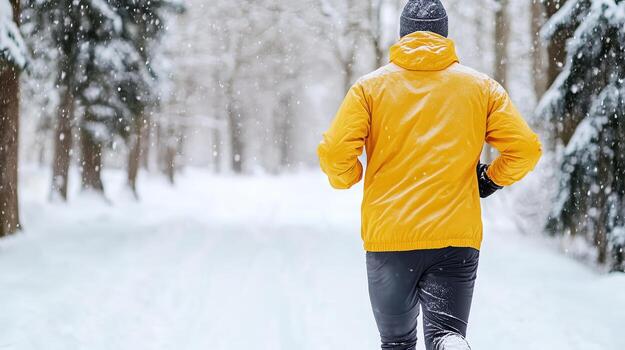 A man in a yellow jacket is running through the snow photo