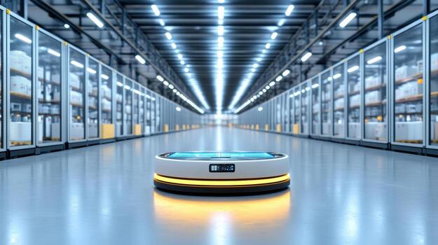 A robot is standing in a warehouse with shelves photo