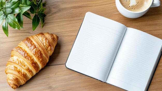 A croissant and a notebook on a wooden table photo