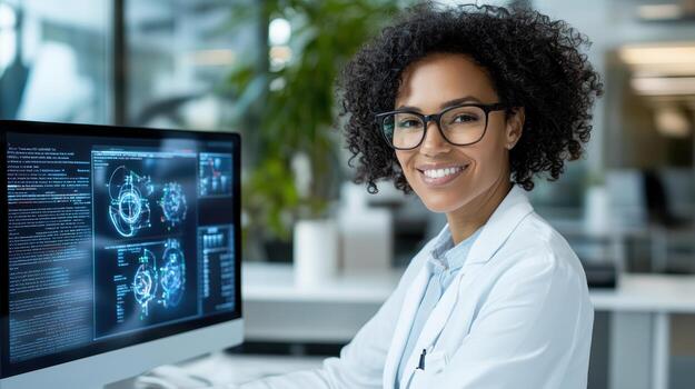 A woman in a lab coat is smiling while looking at a computer screen photo