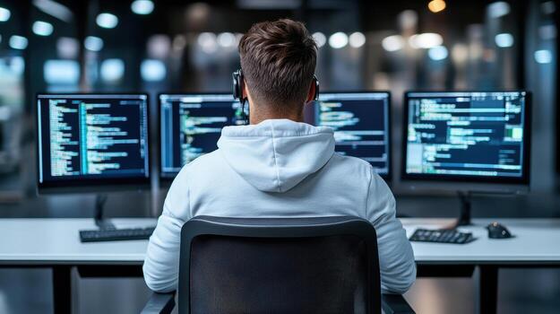 A man in a hoodie sitting at a desk with three computer screens photo