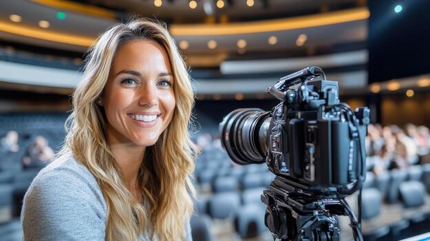 A woman is smiling while holding a camera in front of an audience photo