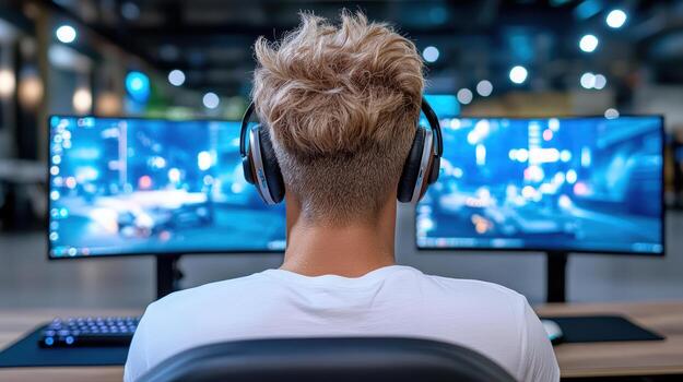 A man wearing headphones is sitting in front of two computer monitors photo