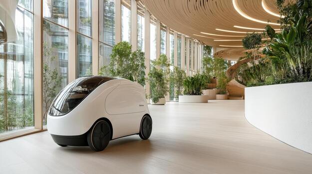 A small robot is sitting in the middle of a large room photo