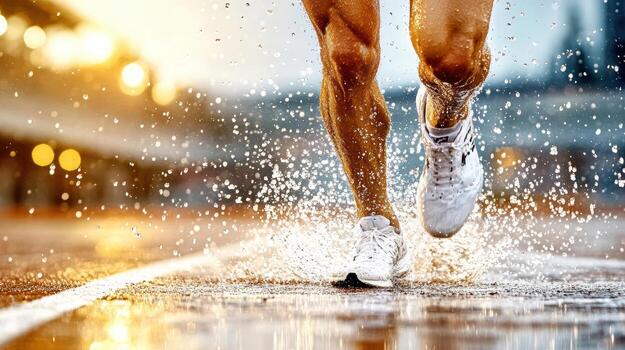A man running in the rain with his shoes on photo