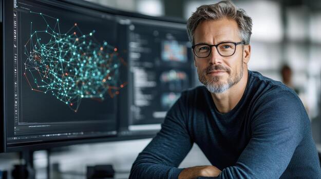 A man with glasses and a sweater is sitting in front of two monitors photo