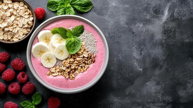 Chia seed smoothie with berries and oats on a dark background photo