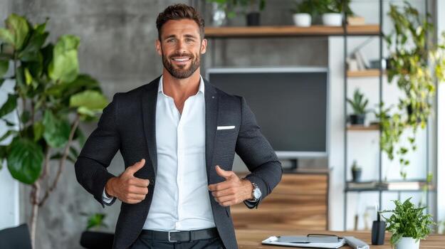 A man in a suit is standing in front of a desk photo