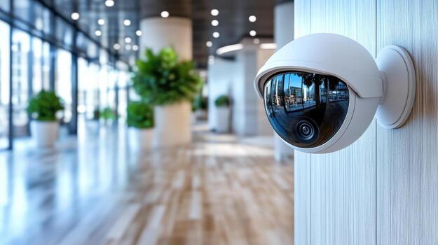 A security camera mounted on a wall in a building photo