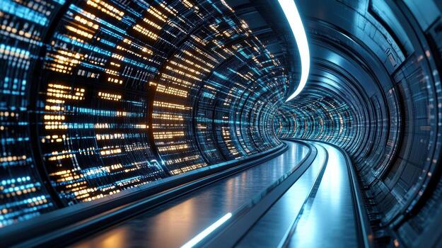 A tunnel with a train moving through it photo