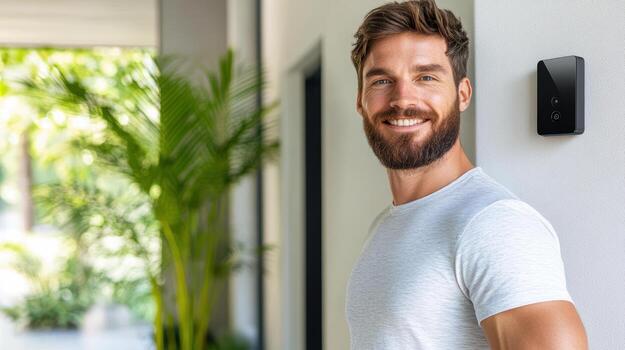 A man with a beard and a white shirt is standing in front of a wall mounted camera photo