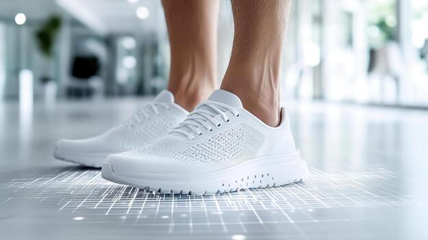 A person wearing white sneakers standing in front of a computer screen photo