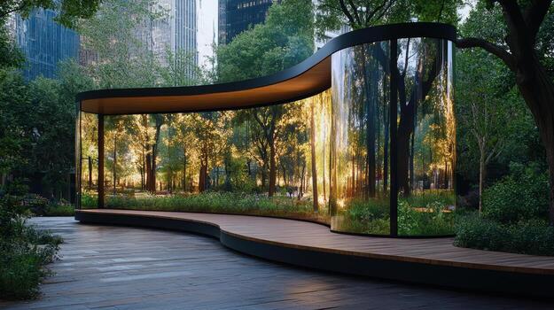 A curved glass wall with trees in the background photo