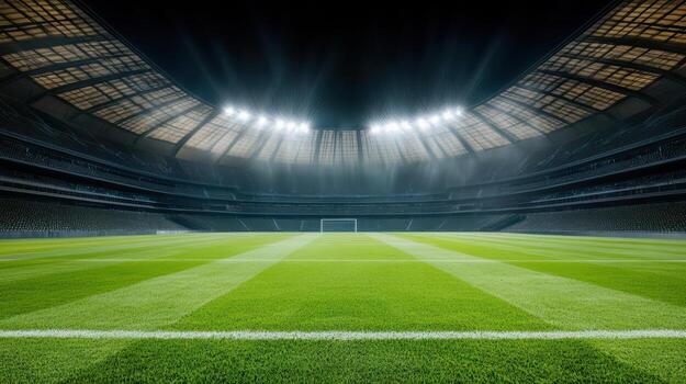 un vacío fútbol estadio con luces y césped foto