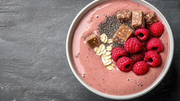 A bowl of smoothie with raspberries, chia seeds and oats photo