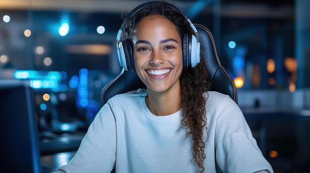 A woman wearing headphones and smiling while sitting at a computer photo