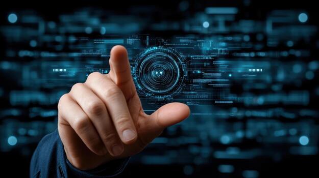 A hand pressing a button on a digital interface photo