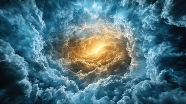 A bright yellow light is shining through the clouds photo