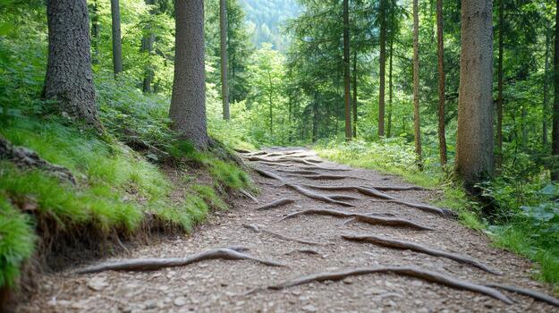 A path in the woods with tree roots photo