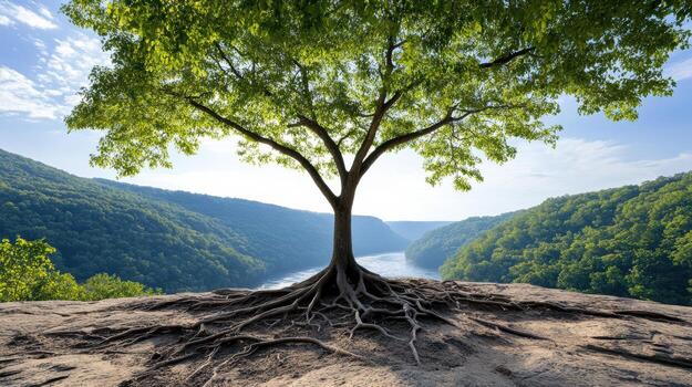 Tree with roots on top of a mountain photo