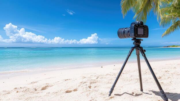 A camera on a tripod on a sandy beach photo
