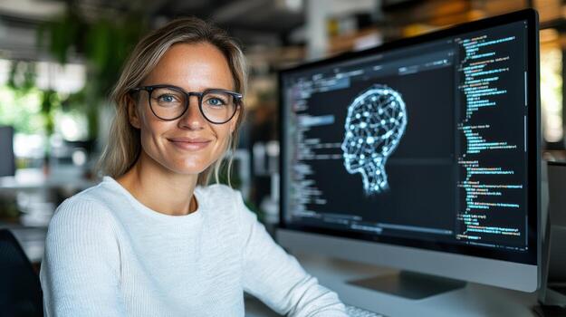 un mujer en lentes sentado a un escritorio con un computadora pantalla demostración un cerebro foto