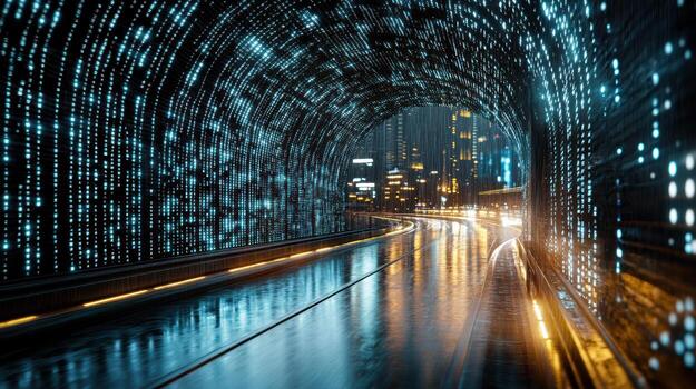 A tunnel with lights and traffic on the road photo