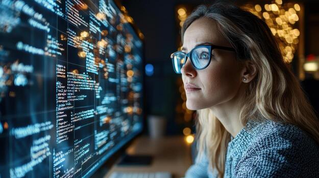 A woman in glasses looking at a computer screen with code on it photo
