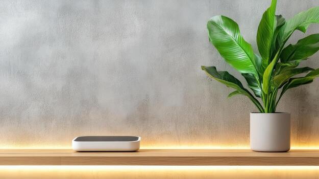 A smart speaker and a plant on a shelf photo