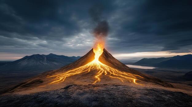 A volcano with lava flowing out of it photo