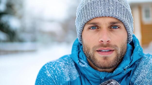 A man in a blue jacket and hat is looking at the camera photo