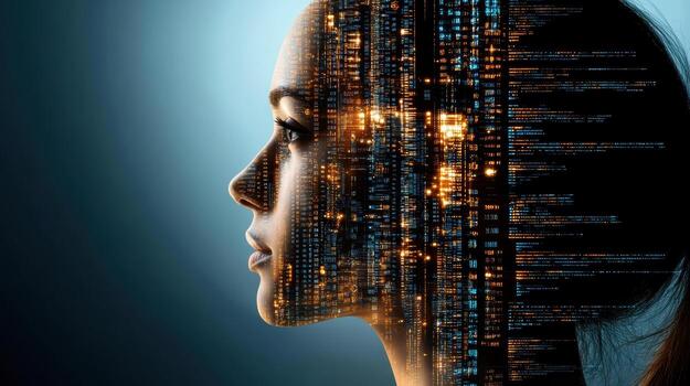 The face of a woman is made up of binary code photo