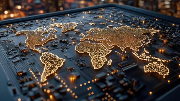 un mundo mapa en un circuito tablero con un ciudad en el antecedentes foto