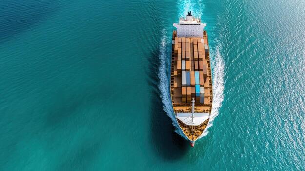 An aerial view of a large cargo ship in the ocean photo