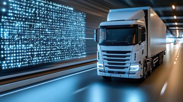 A truck driving down a highway with a digital image photo