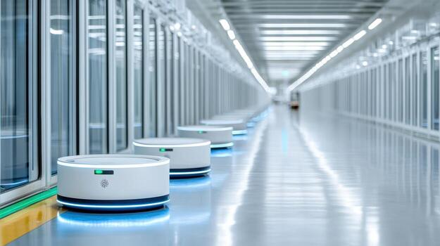 un fila de blanco robots en un pasillo foto