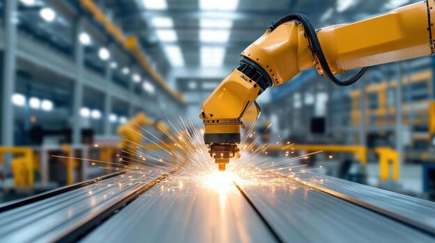 A robot welding on a metal surface in an industrial factory photo