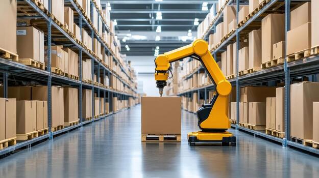 A robot is moving boxes in a warehouse photo