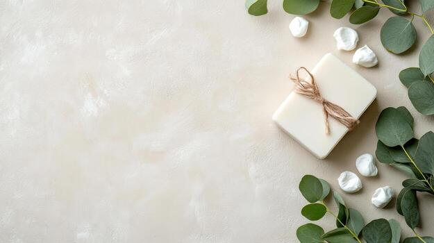 Eucalyptus leaves and soap on a white background photo