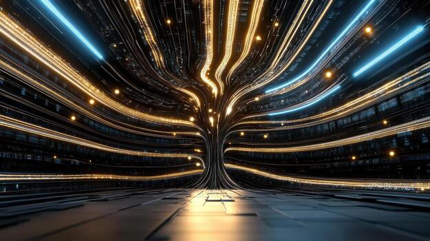 A futuristic tunnel with lights and a tree photo