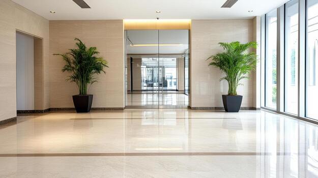 A large lobby with two potted plants photo