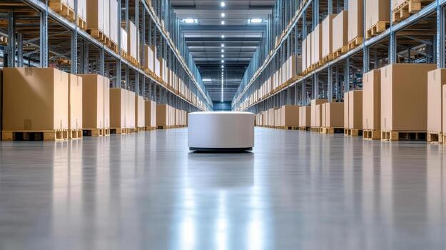 A white robot is sitting in a large warehouse photo