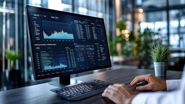 A person is using a computer with a screen showing graphs photo