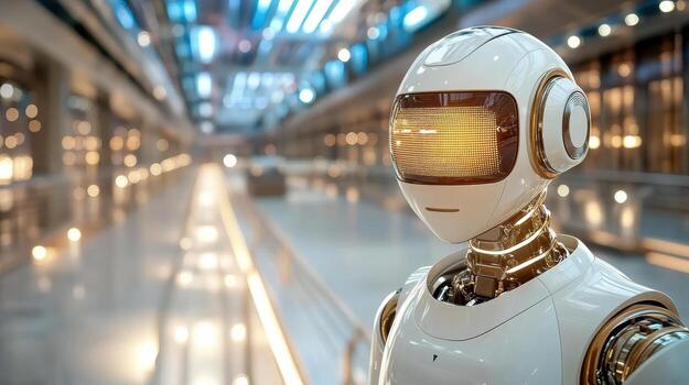 un robot en pie en un pasillo con un brillante ligero foto