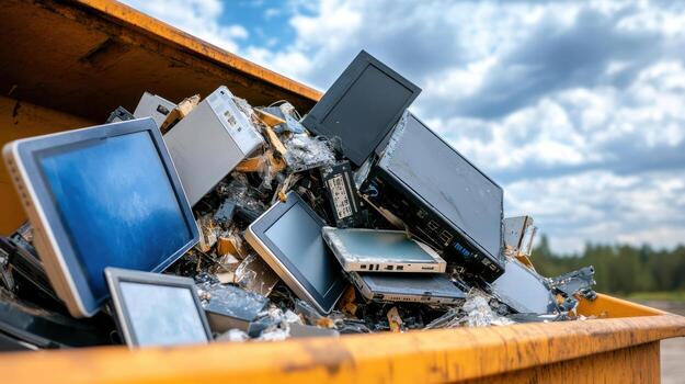 A dumpster full of electronics and other items photo