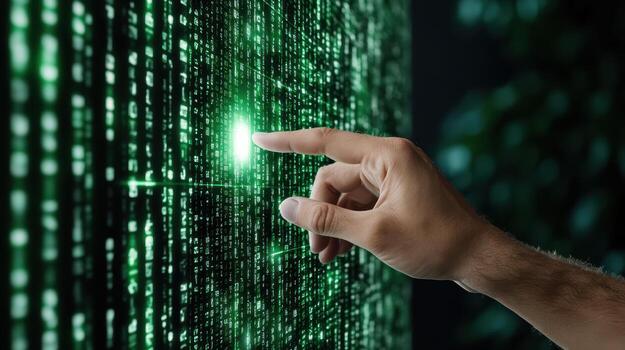 A hand pointing at a green binary code photo
