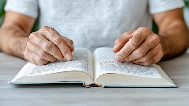 un hombre es leyendo un libro mientras participación su manos foto
